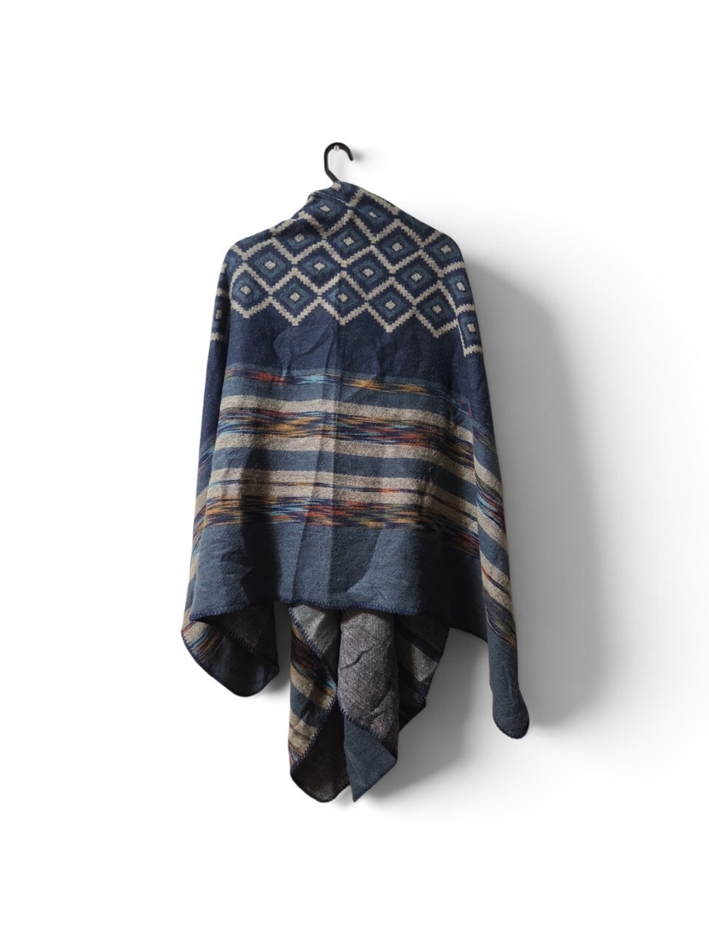 Navy Geometric Pattern Wrap/poncho Scarf - Picture 2 of 2